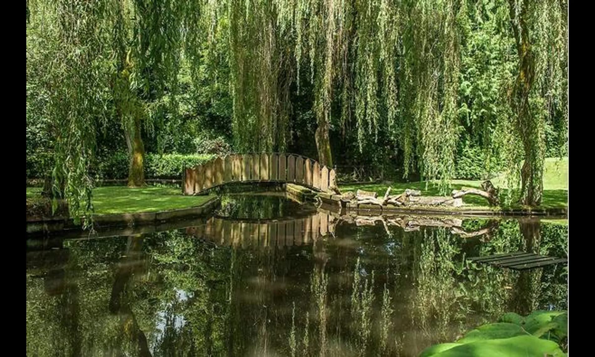 An arched timber bridge doubled in the still water of the gardens at Netley Mill House